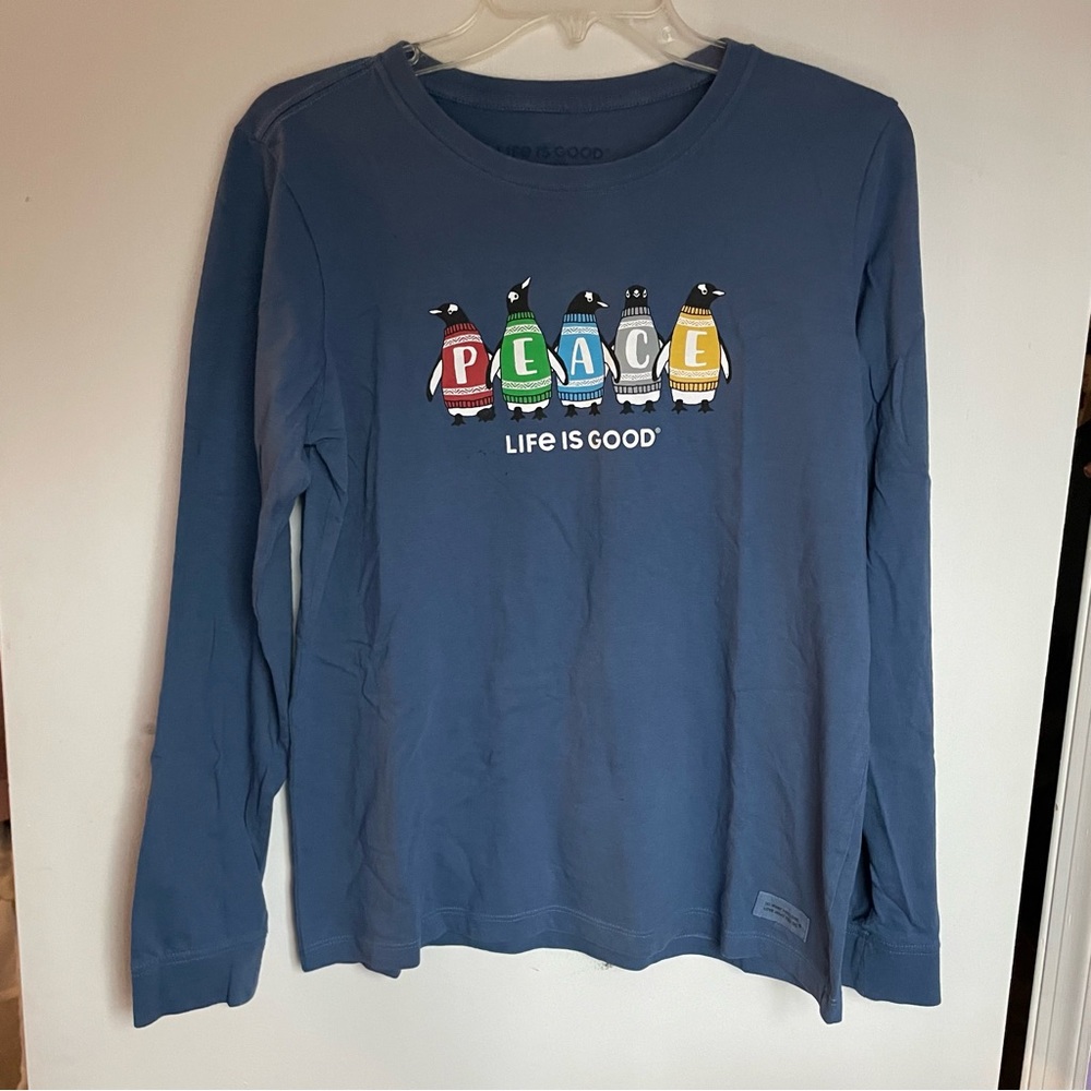 Life Is Good- Blue Long Sleeve Peace T shirt Penguins